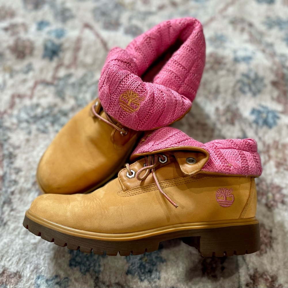 Timberland Tan Jayne Waterproof Boots with Pink Knit Foldable Cuff